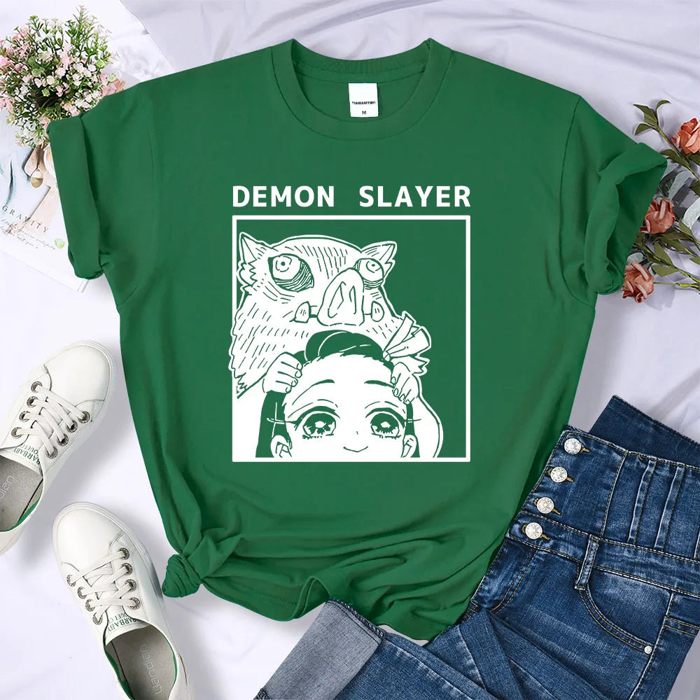 Demon Slayer Kamado Nezuko And Hashibira Inosuke T-Shirts Women Loose New Clothes Harajuku Street Tee Personality O-Neck T Shirt