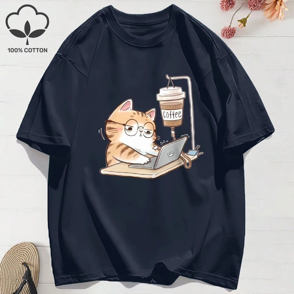 100% Cotton Womens T-Shirts Summer Work Cats That Cannot Do Without Coffee Prints T Shirt Soft Loose O-Neck Tops Basic Clothes