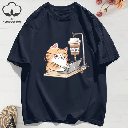 100% Cotton Womens T-Shirts Summer Work Cats That Cannot Do Without Coffee Prints T Shirt Soft Loose O-Neck Tops Basic Clothes