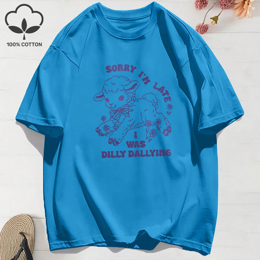 Summer T-Shirts Cotton Women I Was Dilly Dallying Funny Sheep Prints T Shirt Comfortable Loose O-Neck Tops Casual Womans Clothes