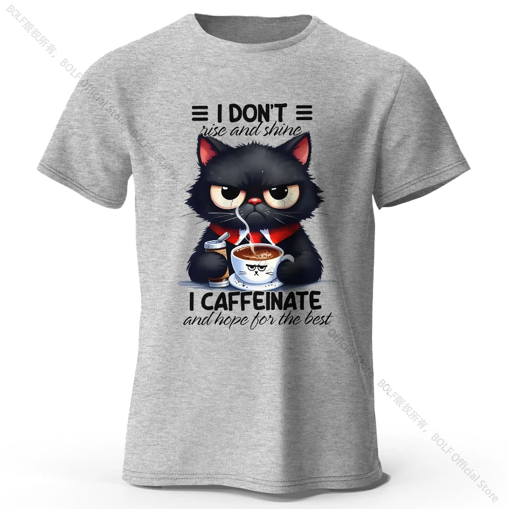 Coffee Loving Cat Print 100% Cotton T-Shirt