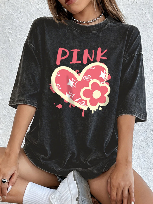 Pink'S Love And Red Little Flowers Cotton Washed T-Shirts Womens Summer Oversized Streetwear O-Neck Comfortable Distressed Tops