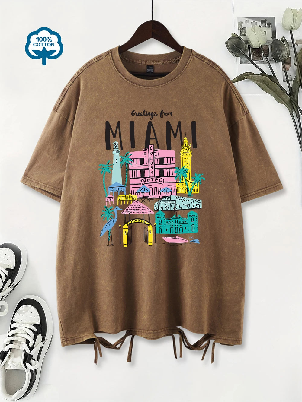 Greetings From Miami Women's Cotton Washed T-Shirt Oversized
