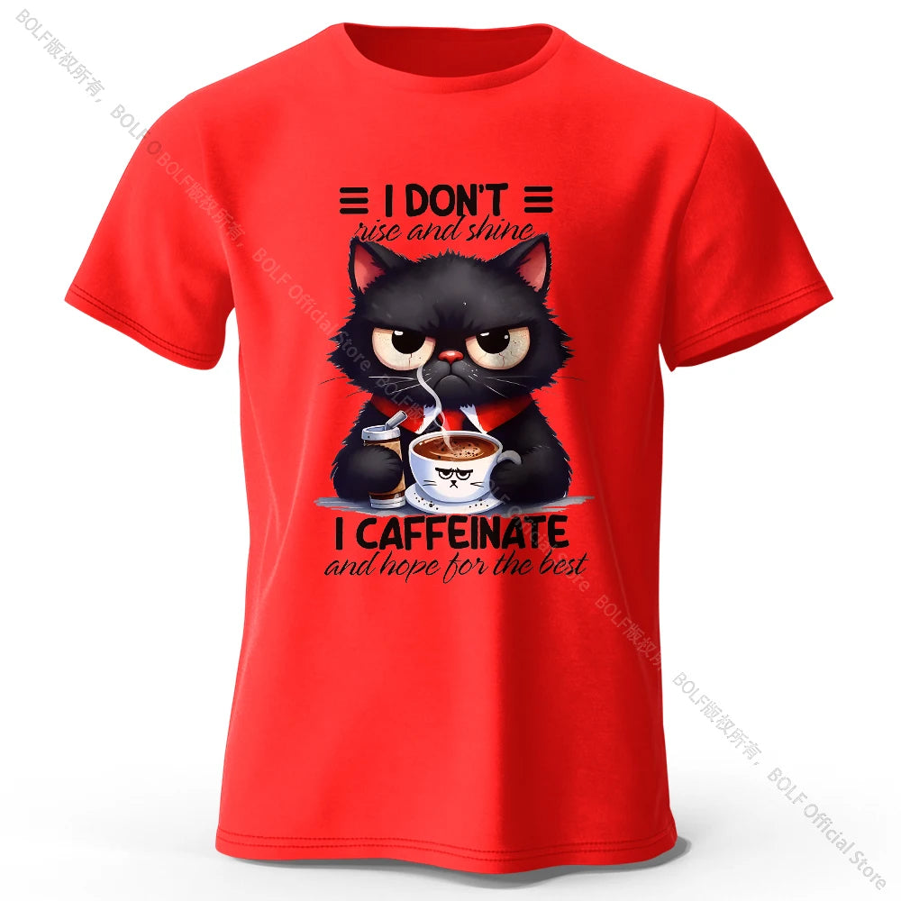 Coffee Loving Cat Print 100% Cotton T-Shirt