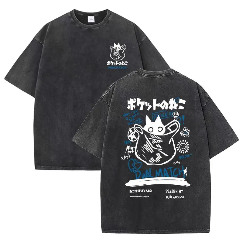 Women Cartoon T-Shirt Vintage Summer Harajuku Kawaii Cat Print Short Sleeve Tees Couple Streetwear Loose Clothes Cotton Tops