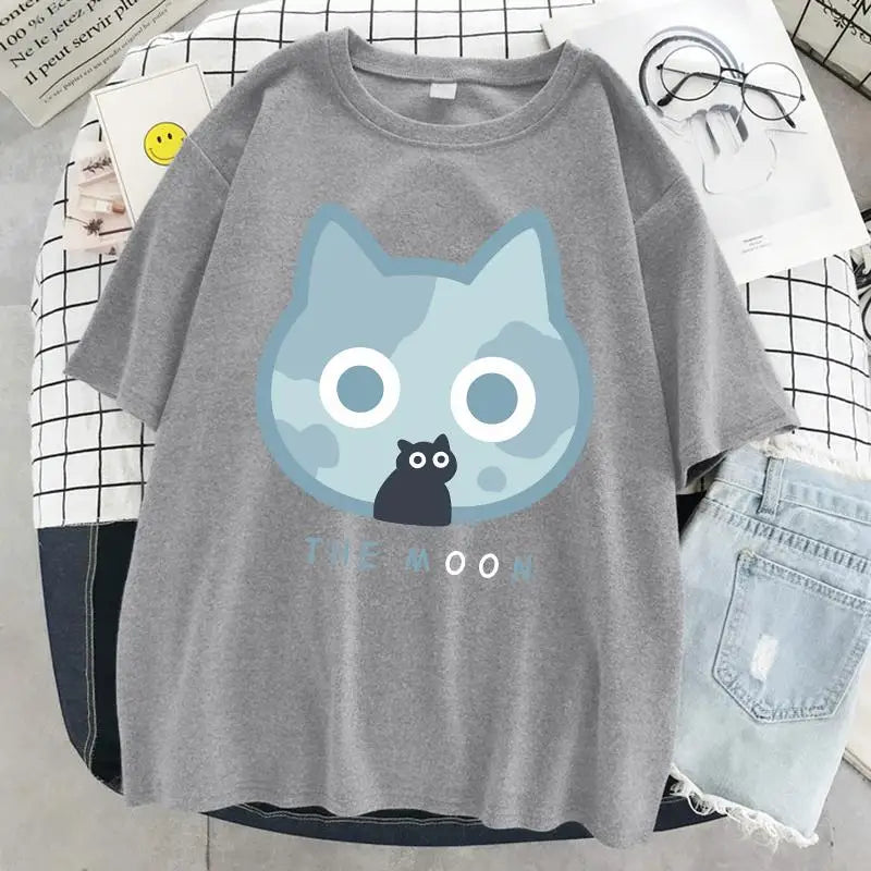 The Moon Cat Funny Print T-Shirt Women Street Summer Oversize Tops Fashion Hip Hop Tee Clothes Breathable Casual T Shirt New
