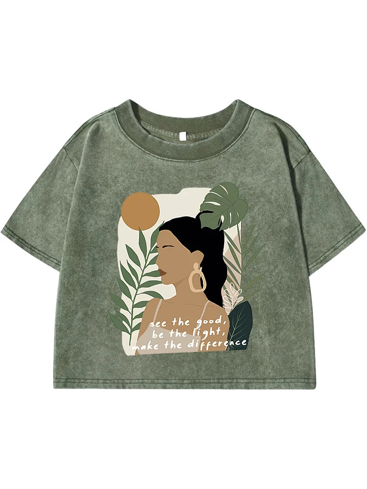 See The Good，Be Lightprinting Women Washed Shrot Clothes Casual Fashion Tshirts Street Retro Distress Tops Cool Summer T Shirts