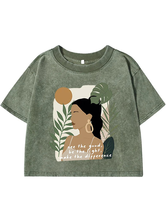 See The Good，Be Lightprinting Women Washed Shrot Clothes Casual Fashion Tshirts Street Retro Distress Tops Cool Summer T Shirts