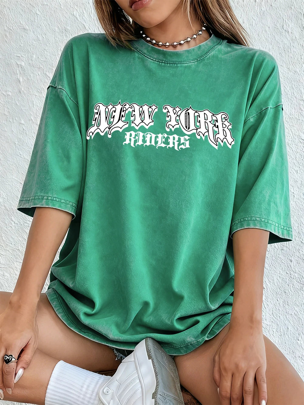 New York City Letter Printed Women's Cotton Washed T-Shirt Oversized