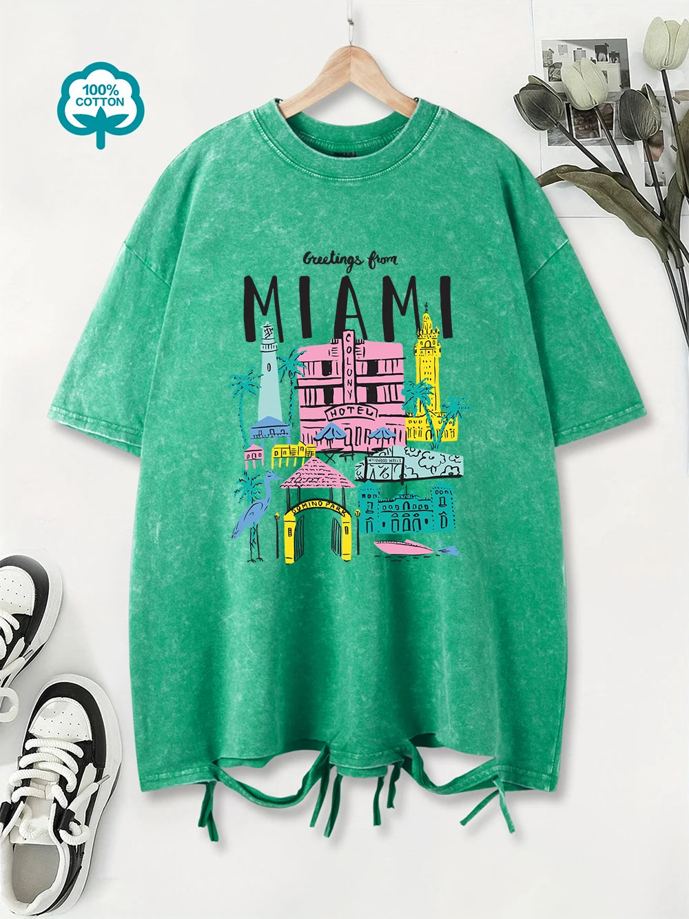 Greetings From Miami Women's Cotton Washed T-Shirt Oversized