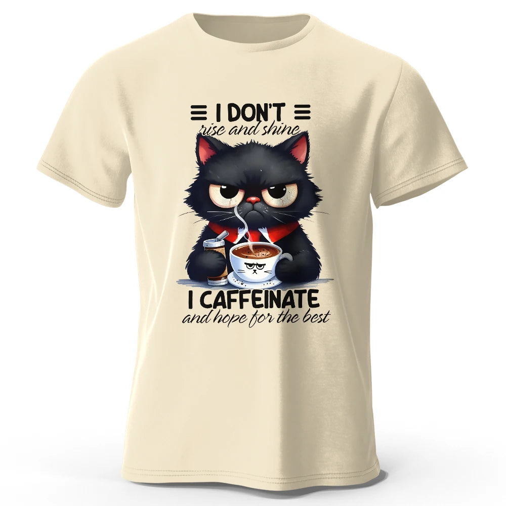 Coffee Loving Cat Print 100% Cotton T-Shirt