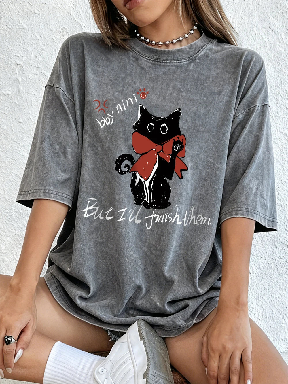 I'll Finish Them Black Cat Women's Cotton Washed T-Shirt Oversized