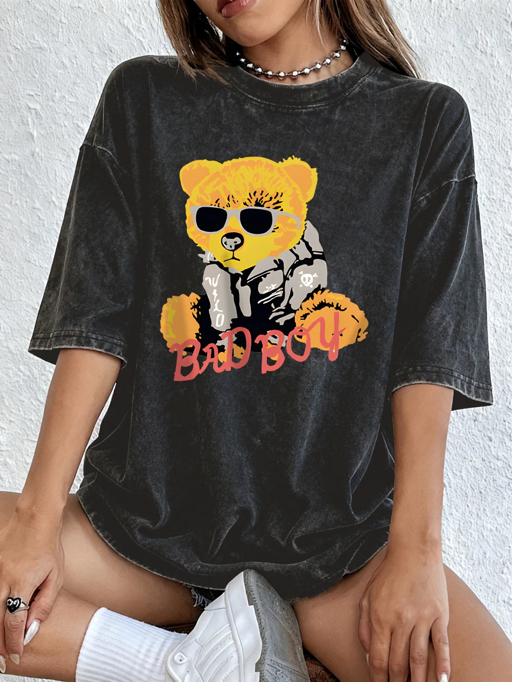 A Teddy Bear Wearing Glasses Washed T-Shirt Women Cotton Oversized Tops Comfortable Distressed O-Neck T Shirt Summer Clothes