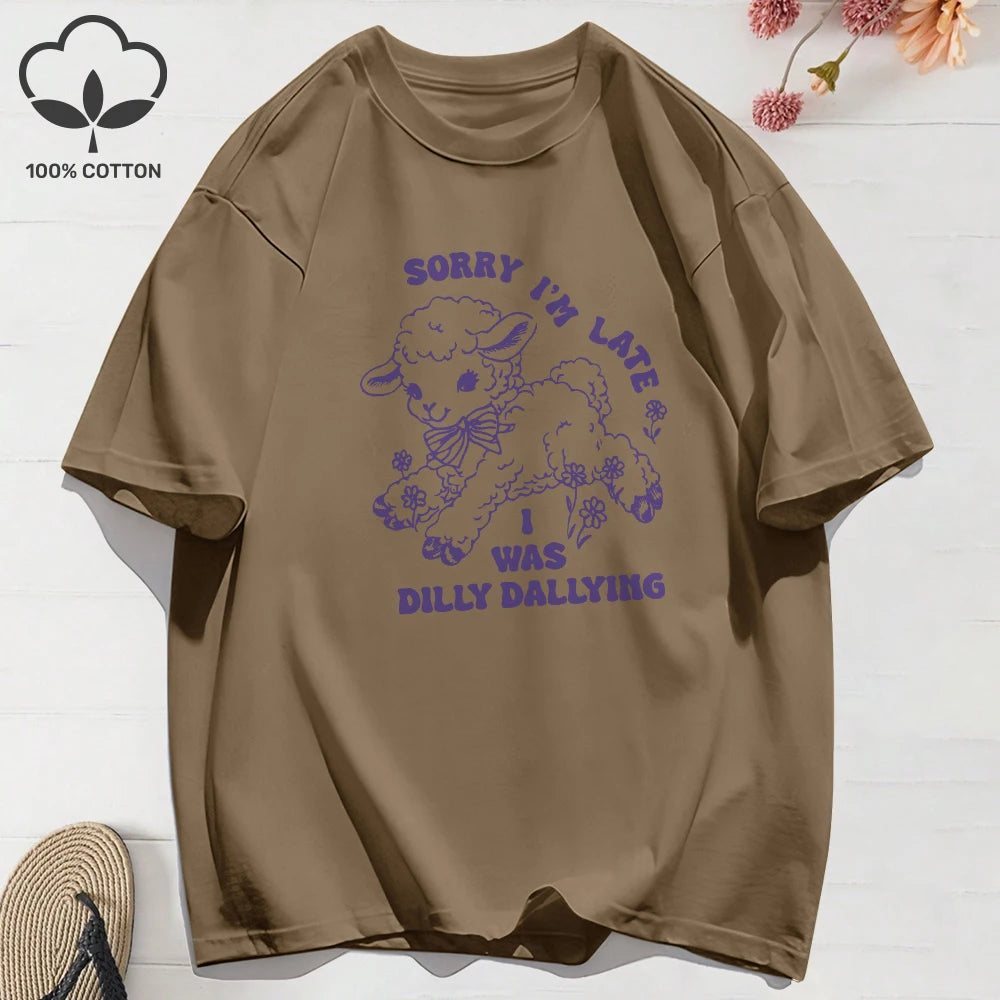 Summer T-Shirts Cotton Women I Was Dilly Dallying Funny Sheep Prints T Shirt Comfortable Loose O-Neck Tops Casual Womans Clothes