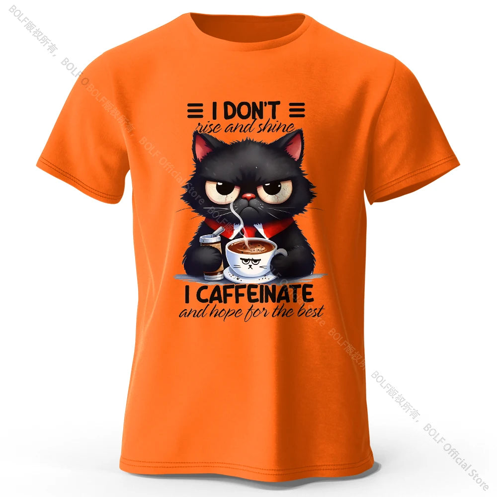 Coffee Loving Cat Print 100% Cotton T-Shirt