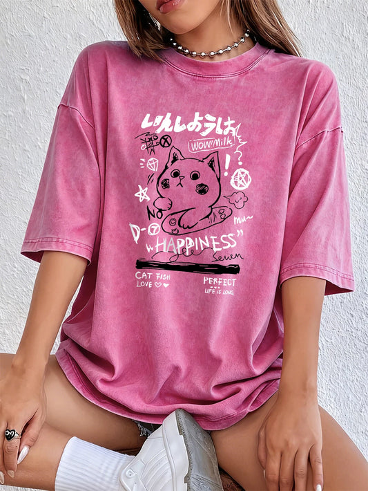 Kawaii Cat Graffiti Printing Washed T-Shirts Women Cotton Oversize Streetwear O-Neck Comfortable Distressed Tops Summer Clothes