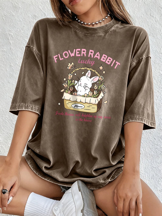 Lucky Rabbit In The Flower Basket Cotton Washed T-Shirts Womens Summer Oversized Tops O-Neck Comfortable Distressed Streetwear