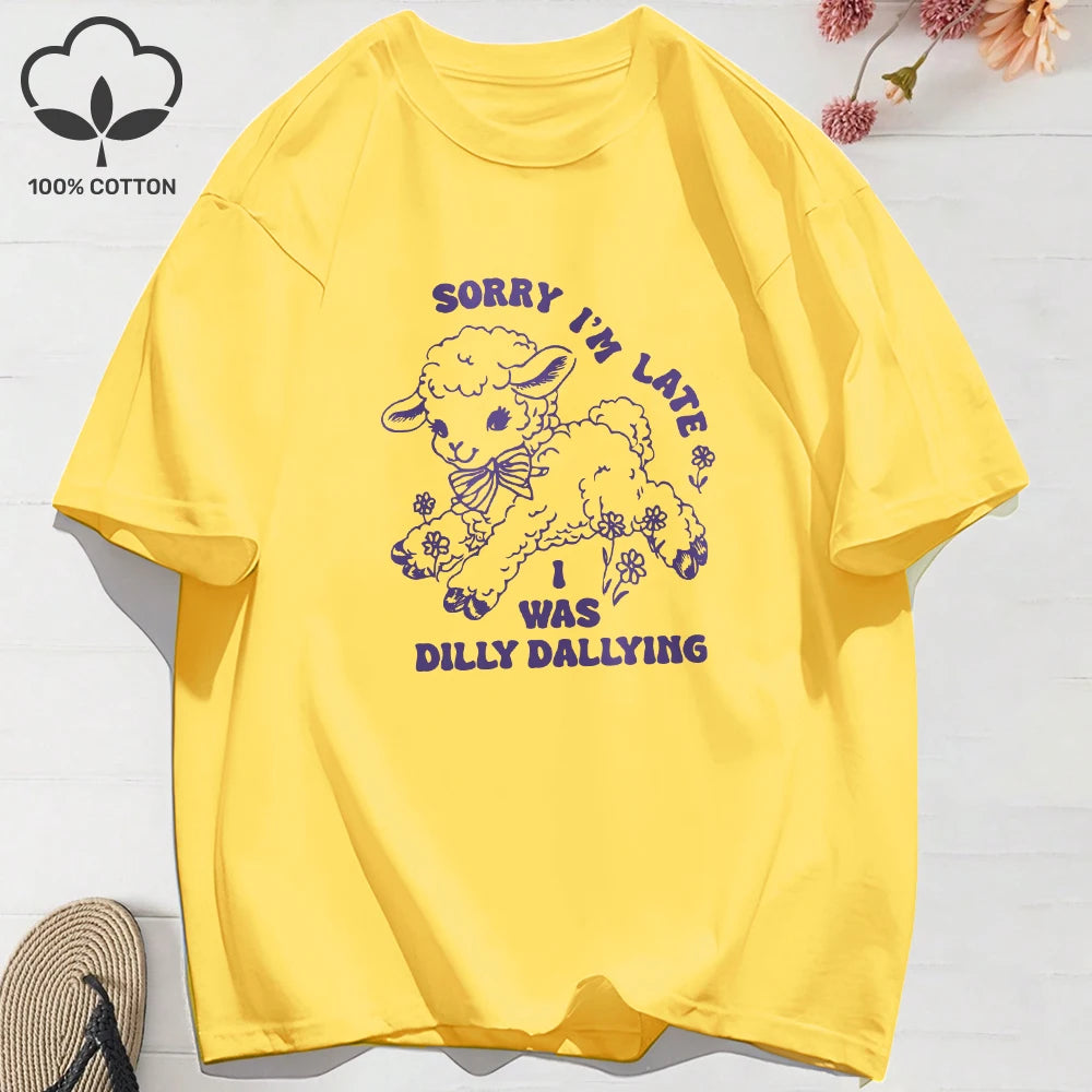 Summer T-Shirts Cotton Women I Was Dilly Dallying Funny Sheep Prints T Shirt Comfortable Loose O-Neck Tops Casual Womans Clothes