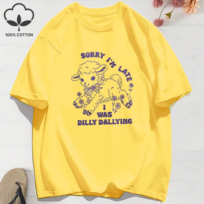 Summer T-Shirts Cotton Women I Was Dilly Dallying Funny Sheep Prints T Shirt Comfortable Loose O-Neck Tops Casual Womans Clothes