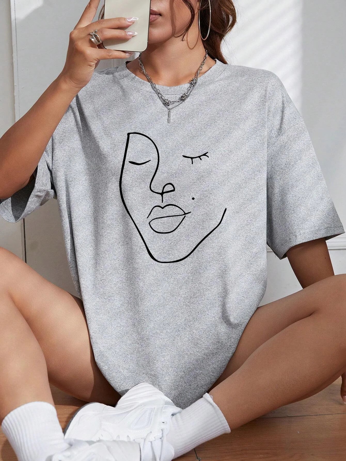 Simple Line Pattern Women's Face Printing tees Cotton Women T-Shirts Casual Soft Short Sleeve Tops Loose Comfortable Clothes