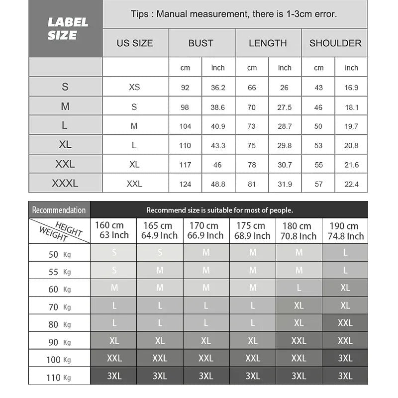 Measurement chart and size guide for clothing with brand logo at the top