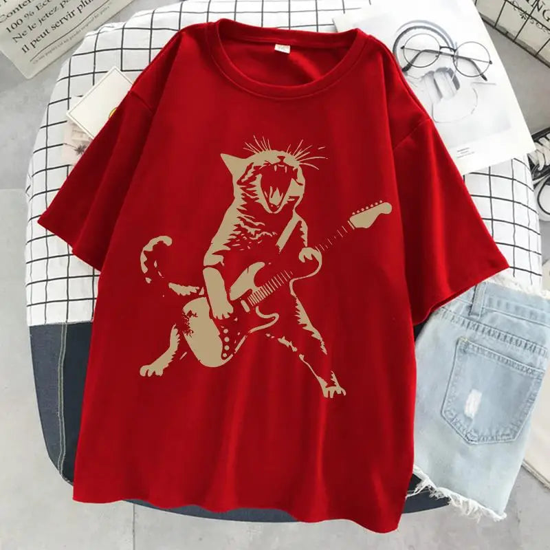 A Cat Playing Guitar Printing T-Shirt Women Street Summer Tshirts Soft Breathable Tee Clothing Cool Casual Fashion Short Sleeve