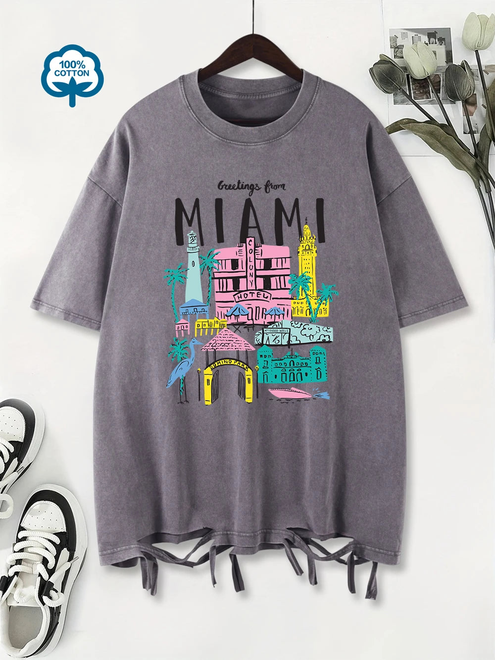 Greetings From Miami Women's Cotton Washed T-Shirt Oversized