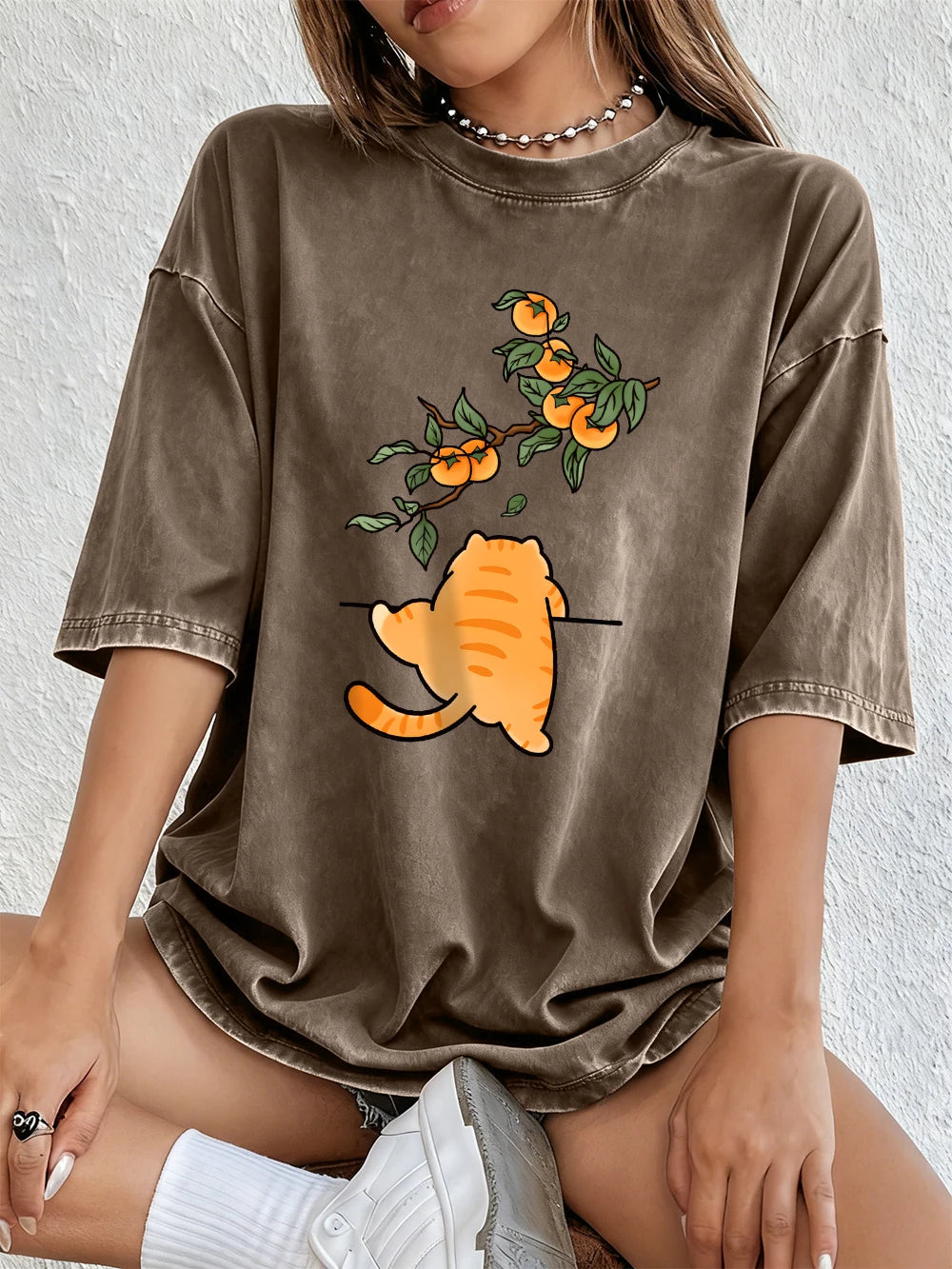 A Cat Climbing The Wall Cotton Washed T-Shirt Women Summer Oversized Tops Street Distressed O-Neck T Shirt Casual Woman Clothes