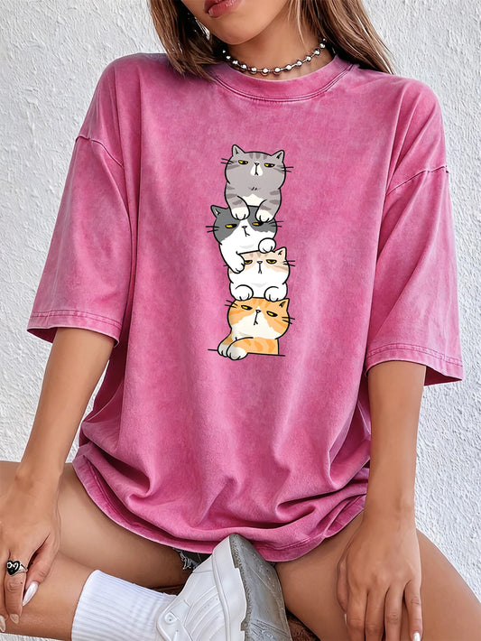 Four Cats Playing On Top Of Each Other Cotton Washed T-Shirt