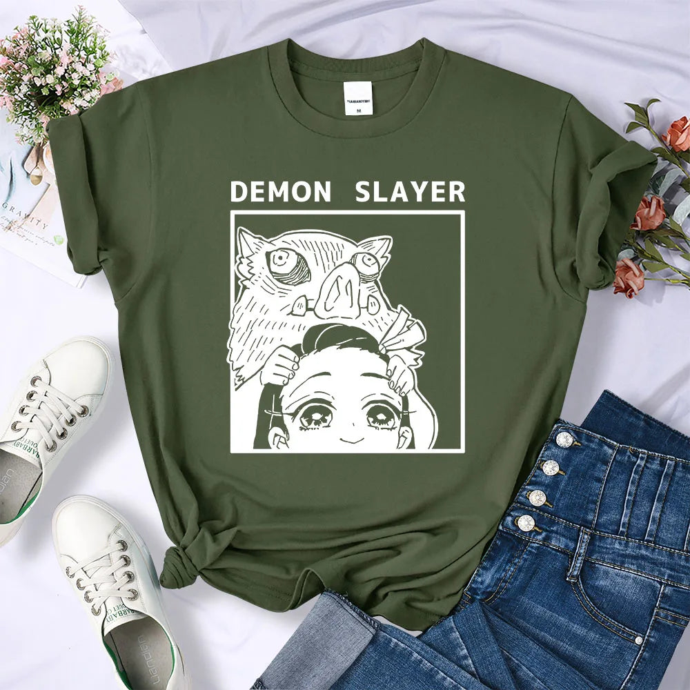 Demon Slayer Kamado Nezuko And Hashibira Inosuke T-Shirts Women Loose New Clothes Harajuku Street Tee Personality O-Neck T Shirt