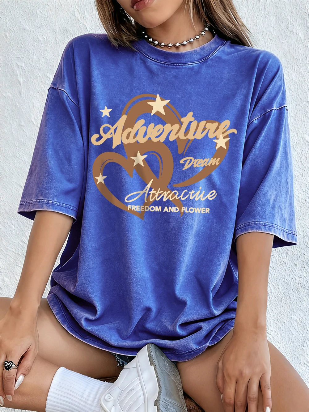 Adventure Dream Freedom And Flower Cotton Washed T-Shirts Womens Summer Oversize Tops Comfortable Distressed O-Neck T Shirts