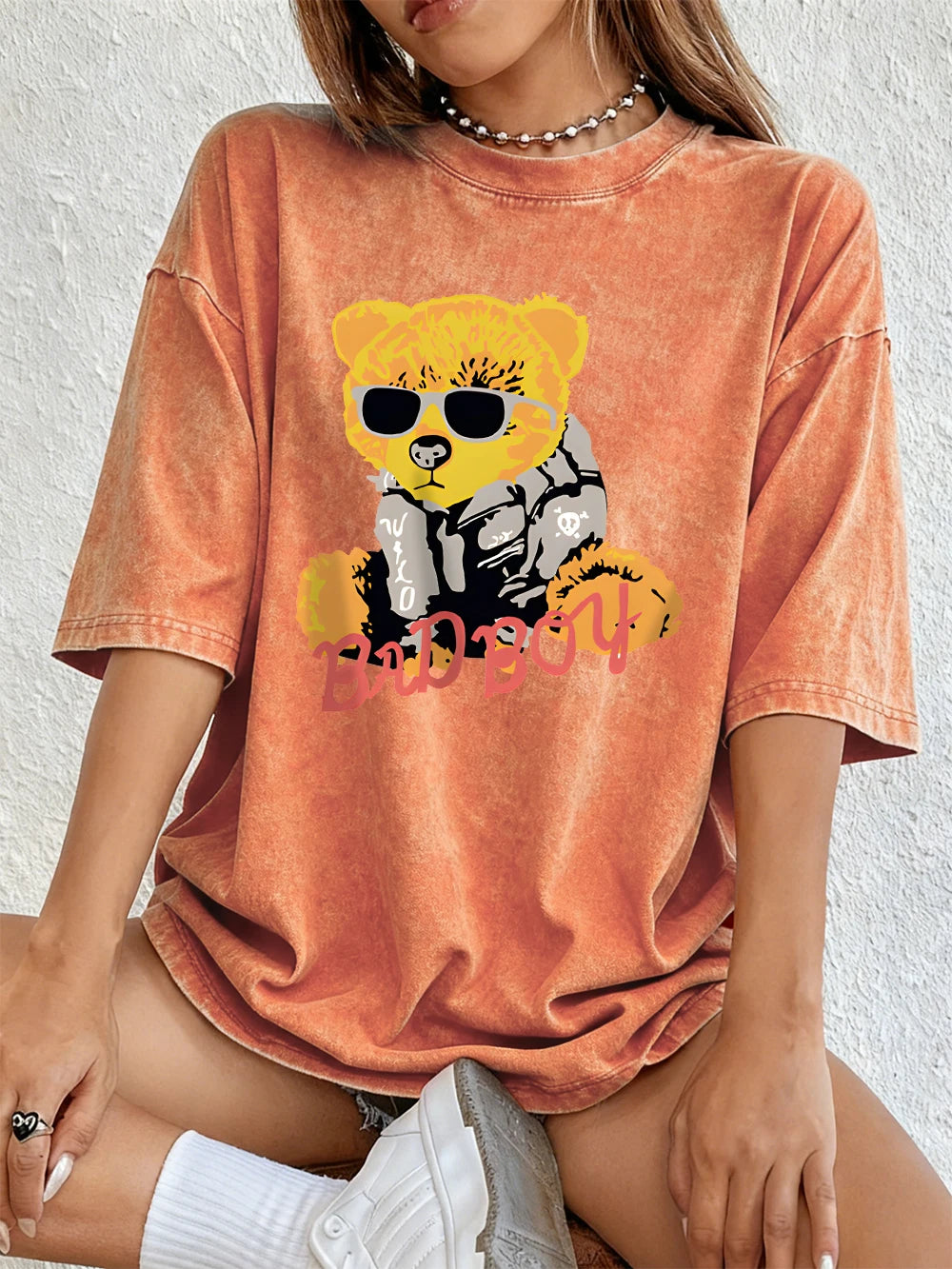 A Teddy Bear Wearing Glasses Washed T-Shirt Women Cotton Oversized Tops Comfortable Distressed O-Neck T Shirt Summer Clothes
