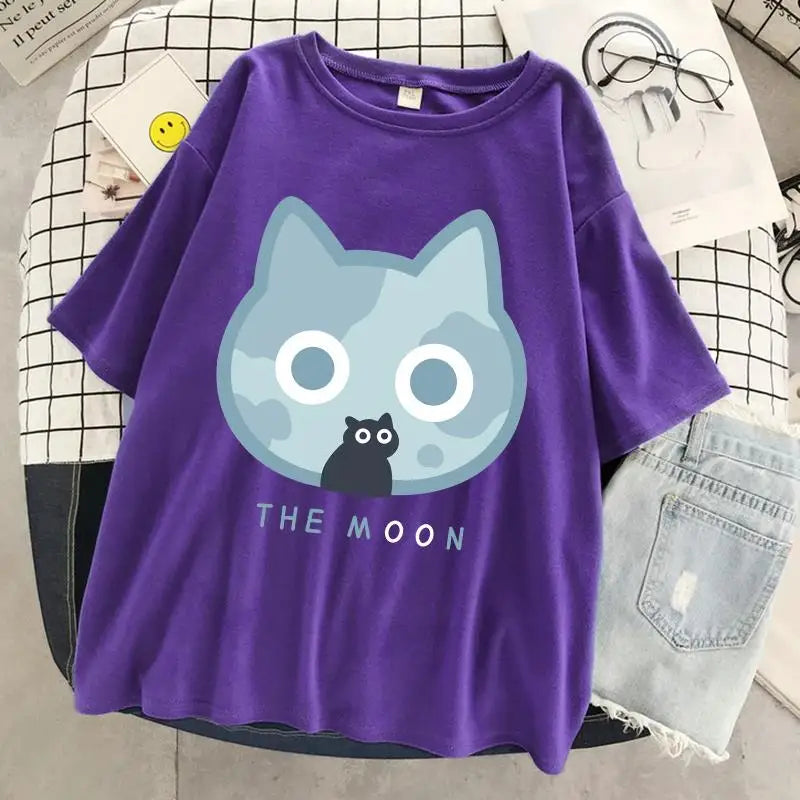 The Moon Cat Funny Print T-Shirt Women Street Summer Oversize Tops Fashion Hip Hop Tee Clothes Breathable Casual T Shirt New