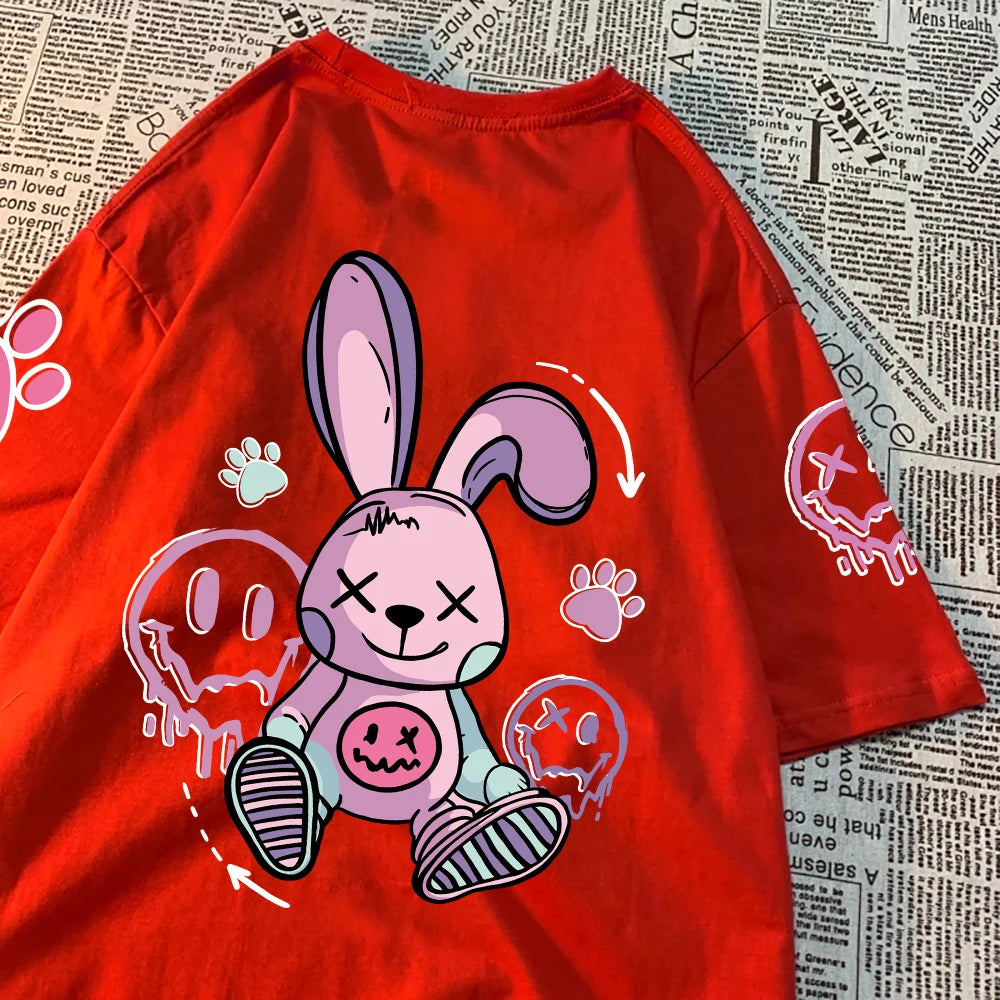 Novelty Fashion Cartoon Rabbit Pattern Print Women Short T-Shirt Summer Casual T Shirts Street Hip Hop Tops Breathable Soft Tees