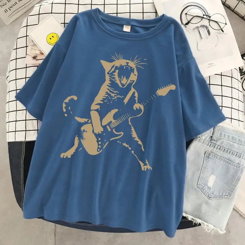 A Cat Playing Guitar Printing T-Shirt Women Street Summer Tshirts Soft Breathable Tee Clothing Cool Casual Fashion Short Sleeve