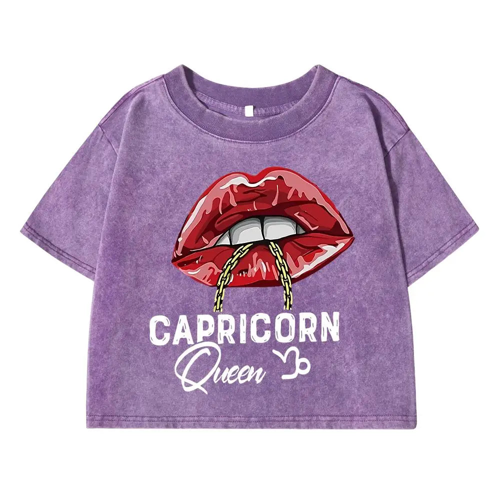 Capricorn Funny Printing Female Washed Short T Shirts Hip Hop Breathable T-Shirt Street Summer Clothes Fashion Distress Tshirts