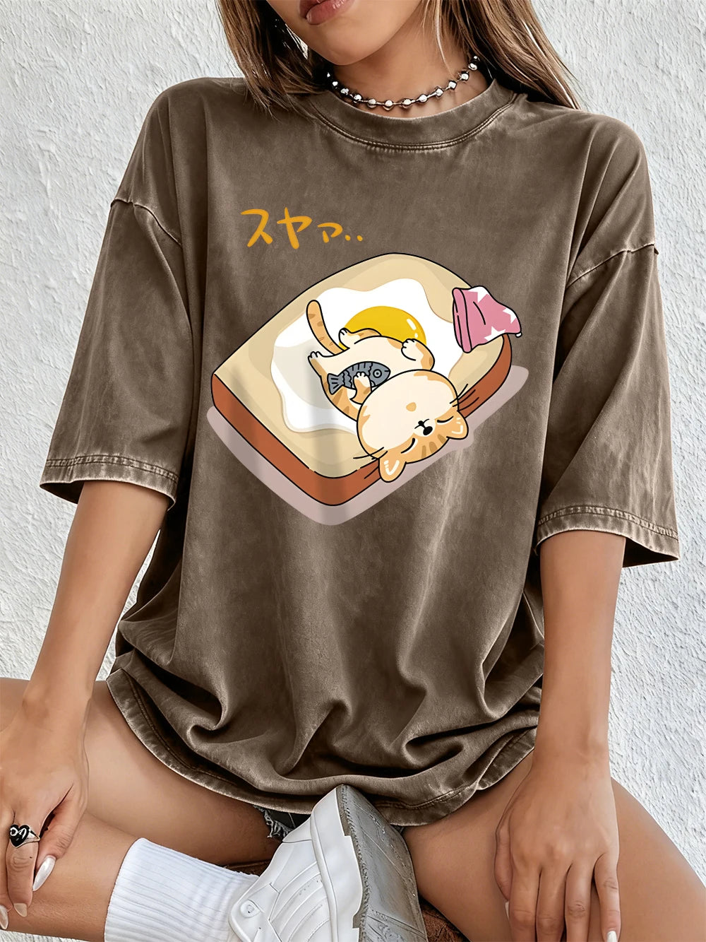 A Cat Sleeping Cotton Washed T-Shirts Womens Summer Oversized Tops Comfortable Distressed O-Neck T Shirt Casual Woman Clothes