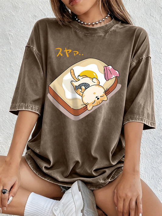 Cat Sleeping Women's Oversized Cotton Washed T-Shirt