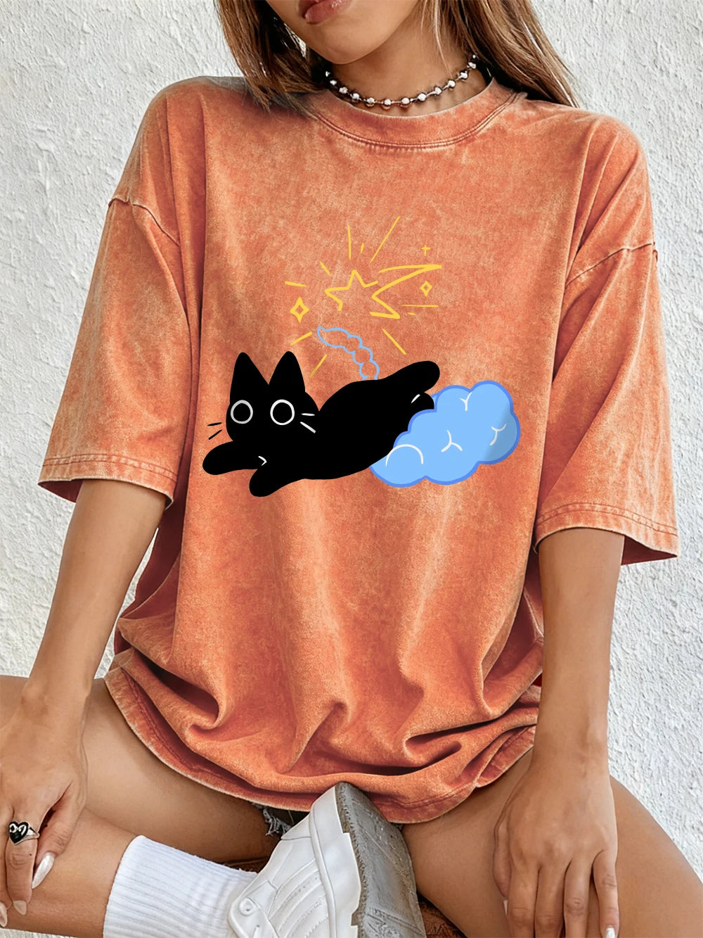 Black Kitten Stepping On Clouds Prints Washed T-Shirt Women Cotton Oversize Tops Summer Distressed O-Neck T Shirt Casual Clothes