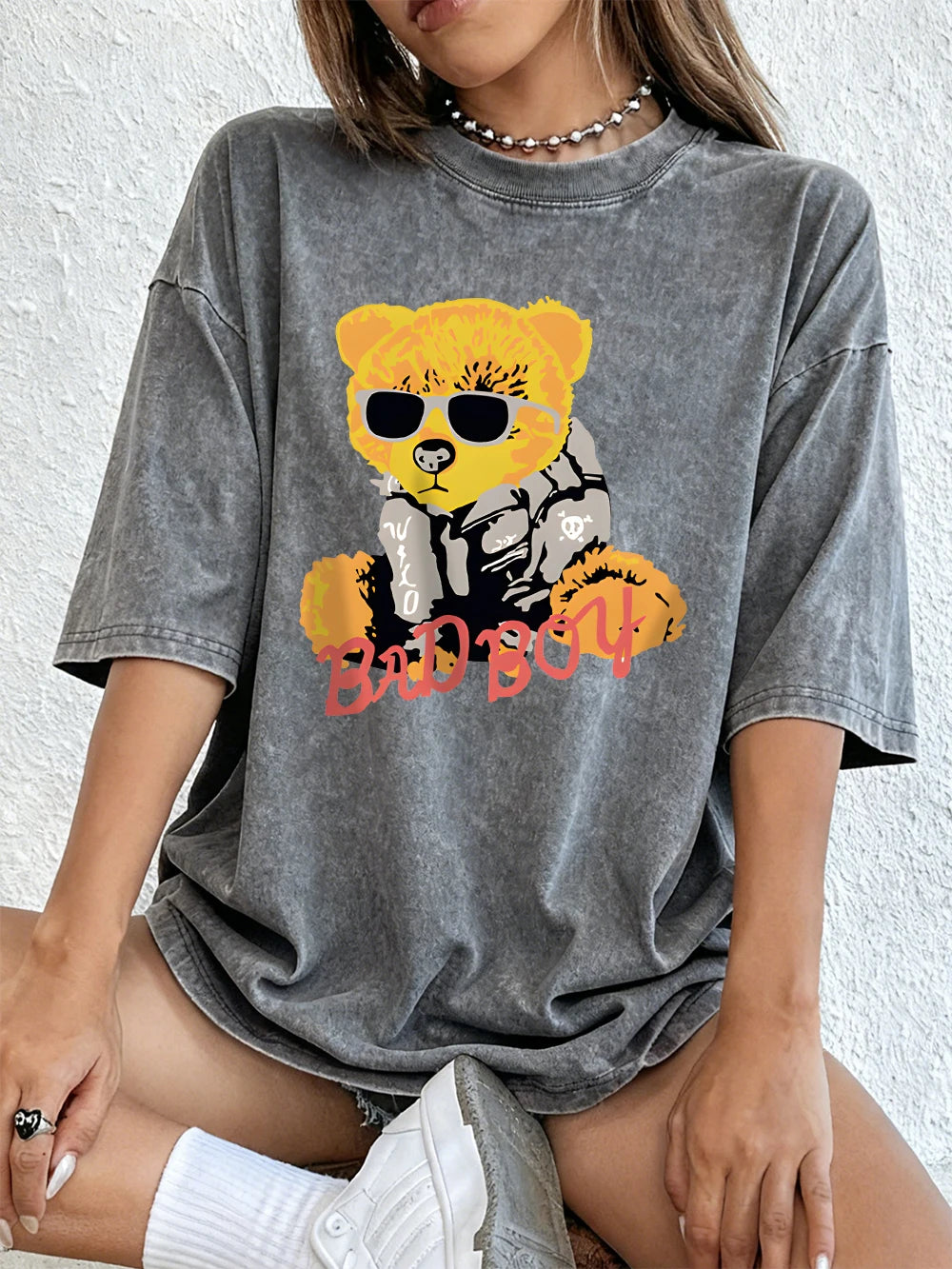 A Teddy Bear Wearing Glasses Washed T-Shirt Women Cotton Oversized Tops Comfortable Distressed O-Neck T Shirt Summer Clothes