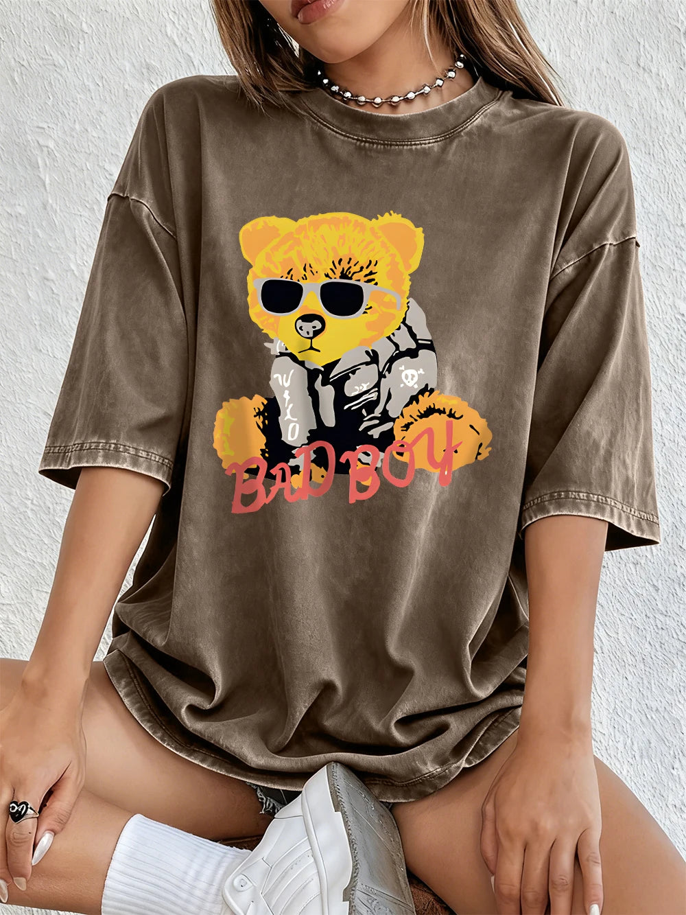 A Teddy Bear Wearing Glasses Washed T-Shirt Women Cotton Oversized Tops Comfortable Distressed O-Neck T Shirt Summer Clothes