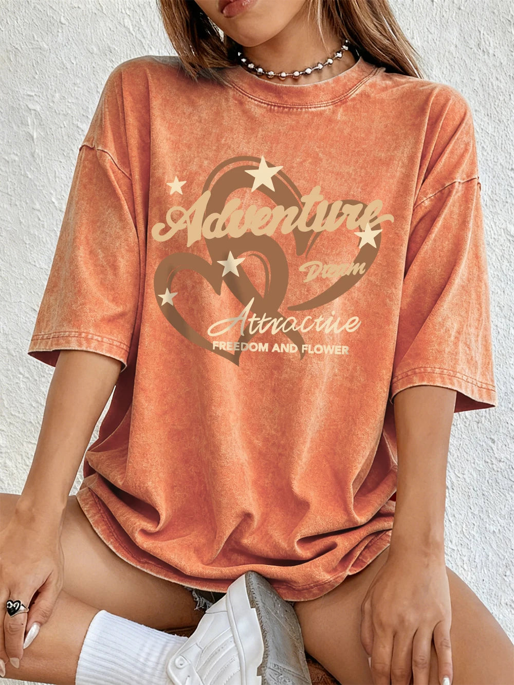 Adventure Dream Freedom And Flower Cotton Washed T-Shirts Womens Summer Oversize Tops Comfortable Distressed O-Neck T Shirts