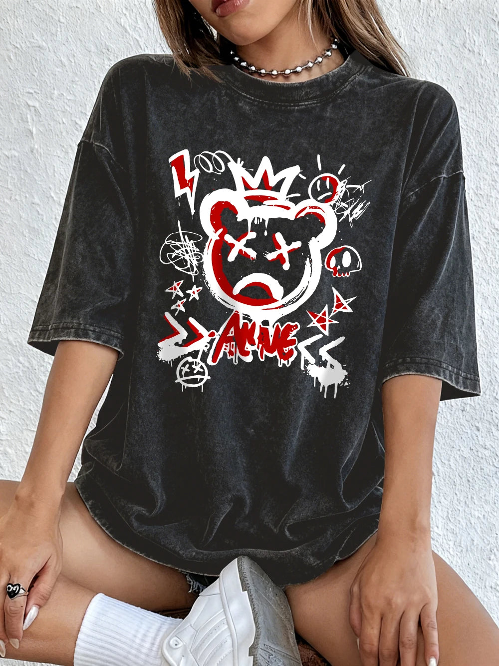 Bear Street Graffiti Prints Washed T Shirts Womens Cotton Oversized T-Shirt O-Neck Comfortable Distressed Tops Summer Clothes