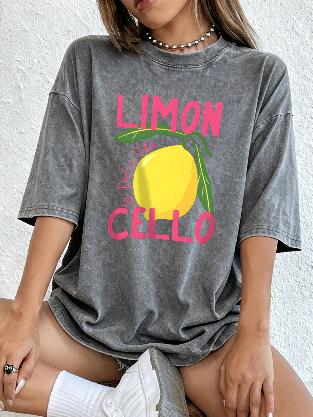 Limon Cello La Dolce Vita Prints Washed T-Shirt Women Cotton Oversize