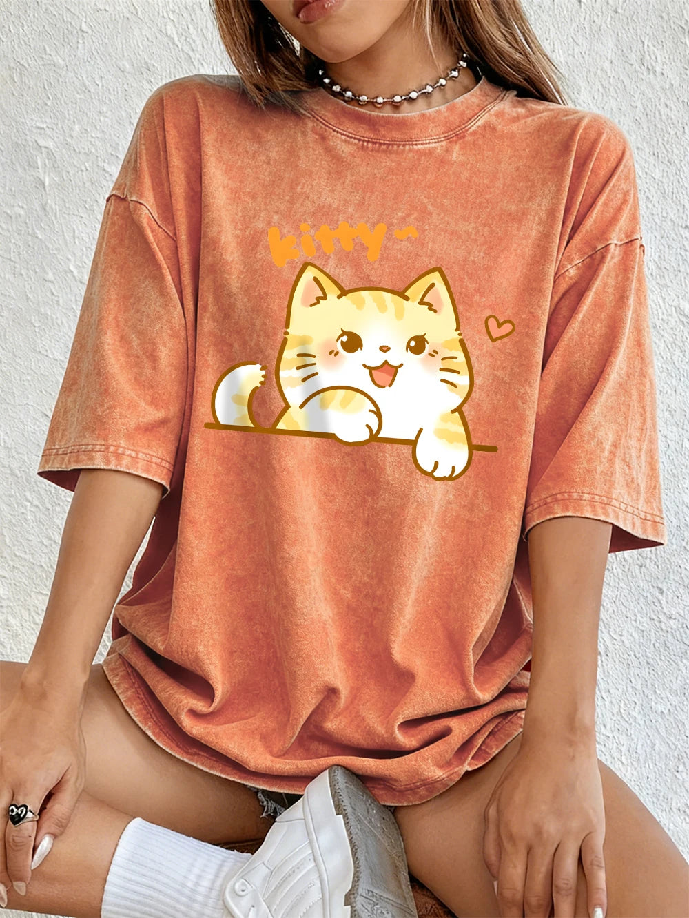Kawaii Orange Cat Women's Cotton Washed T-Shirt Oversized