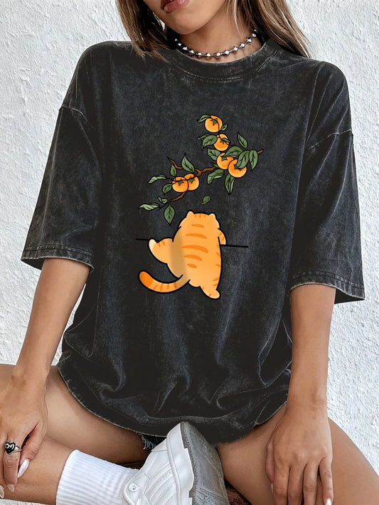 A Cat Climbing The Wall Women's Cotton Washed T-Shirt Oversized