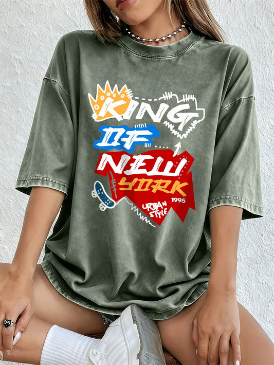 King Of New York Printing Washed T-Shirts Womens Cotton