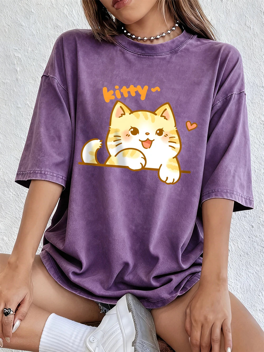 Kawaii Orange Cat Women's Cotton Washed T-Shirt Oversized